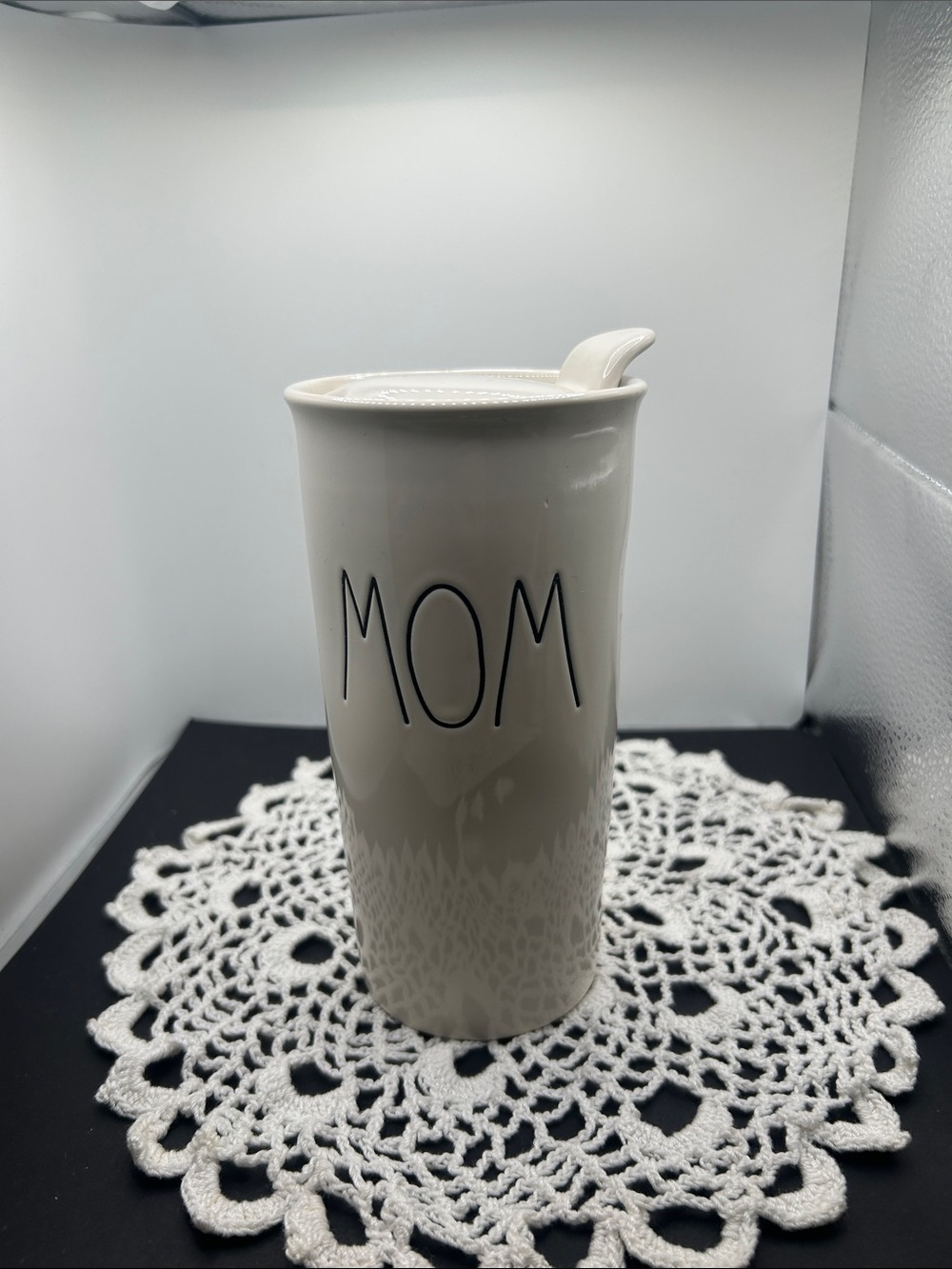 Rae Dunn Cream Travel Mug with 'MOM' Lettering